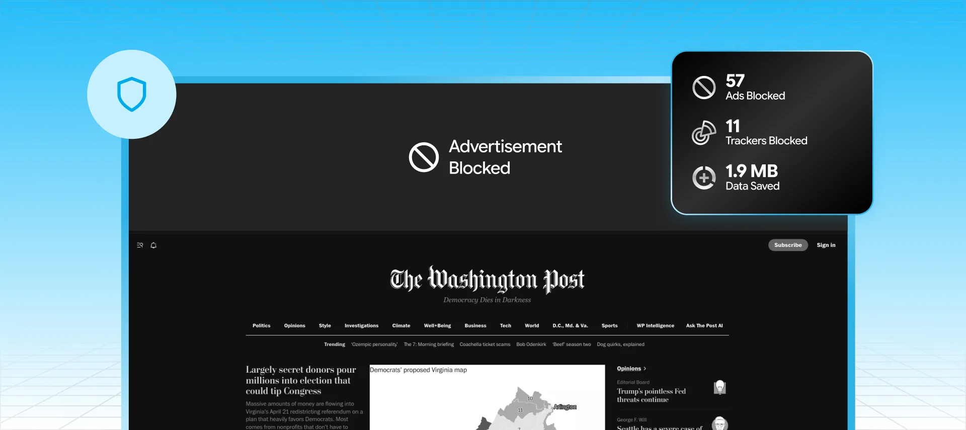 Advertisement blocked with counters for ads blocked, trackers blocked, and data saved