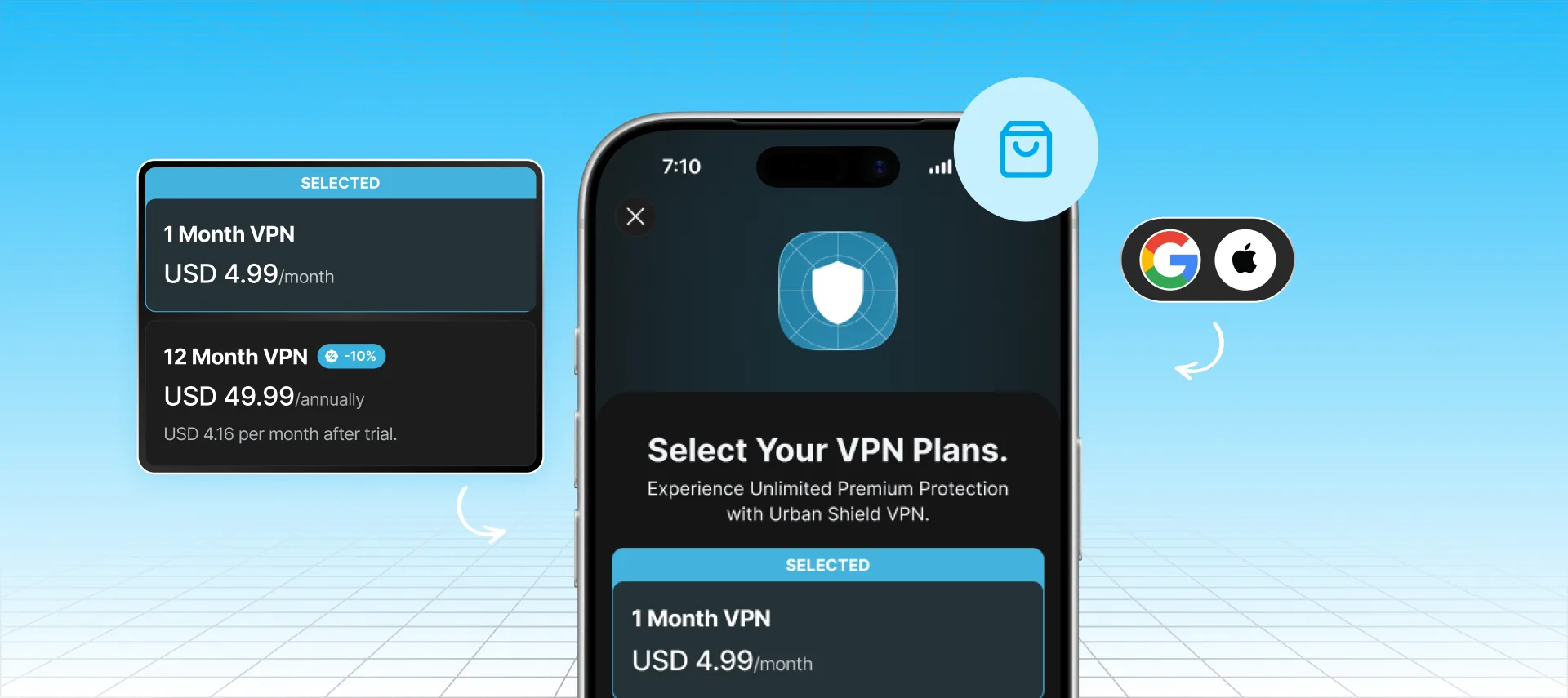 In-app VPN plan selection with Google Play and App Store billing