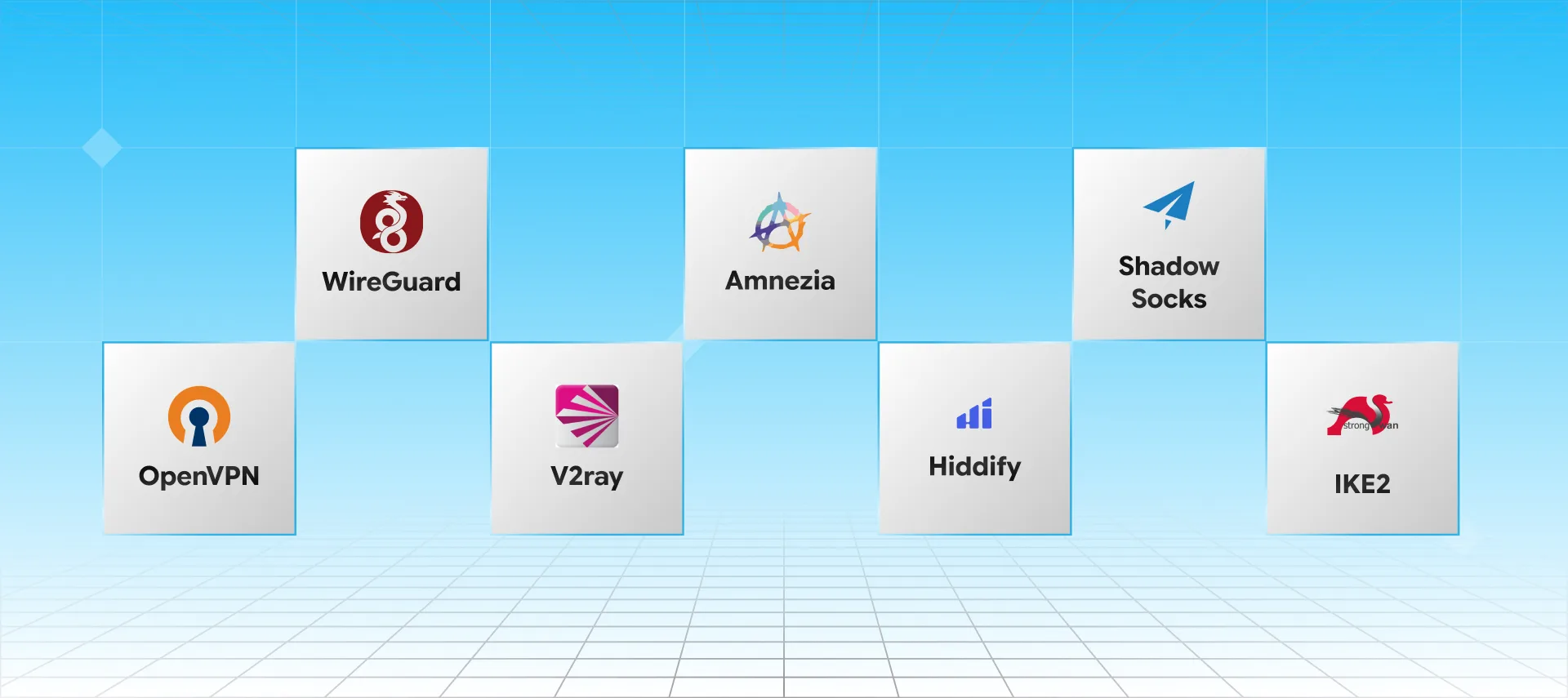 Supported VPN protocols: WireGuard, OpenVPN, V2Ray, Amnezia, Hiddify, ShadowSocks, and IKEv2