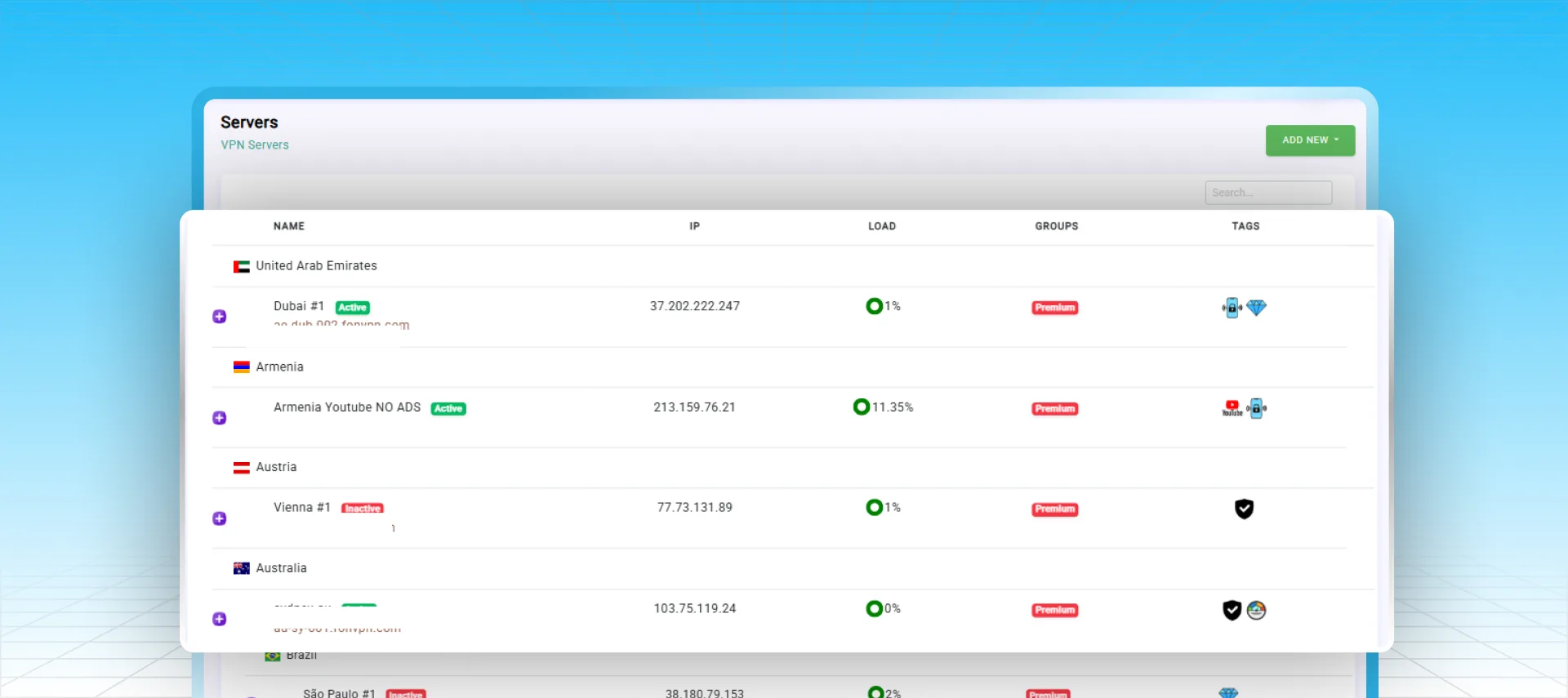 Server management panel with locations, IPs, load, groups, and tags