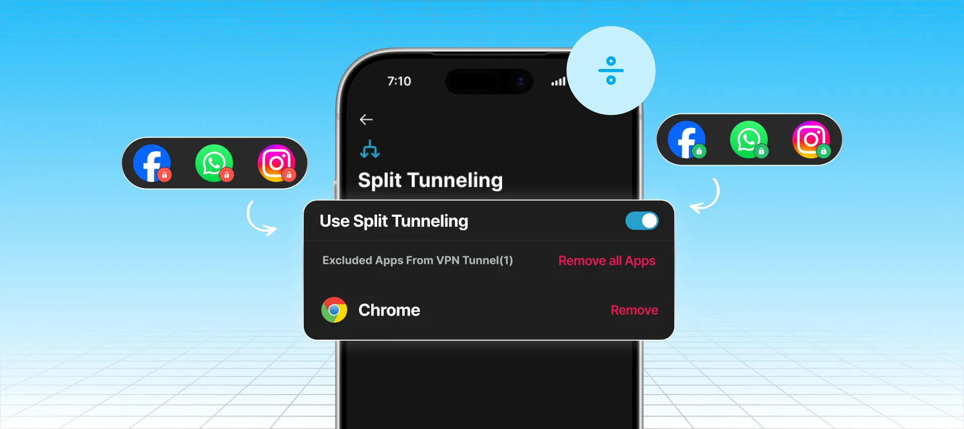 Split tunneling settings excluding selected apps from the VPN tunnel