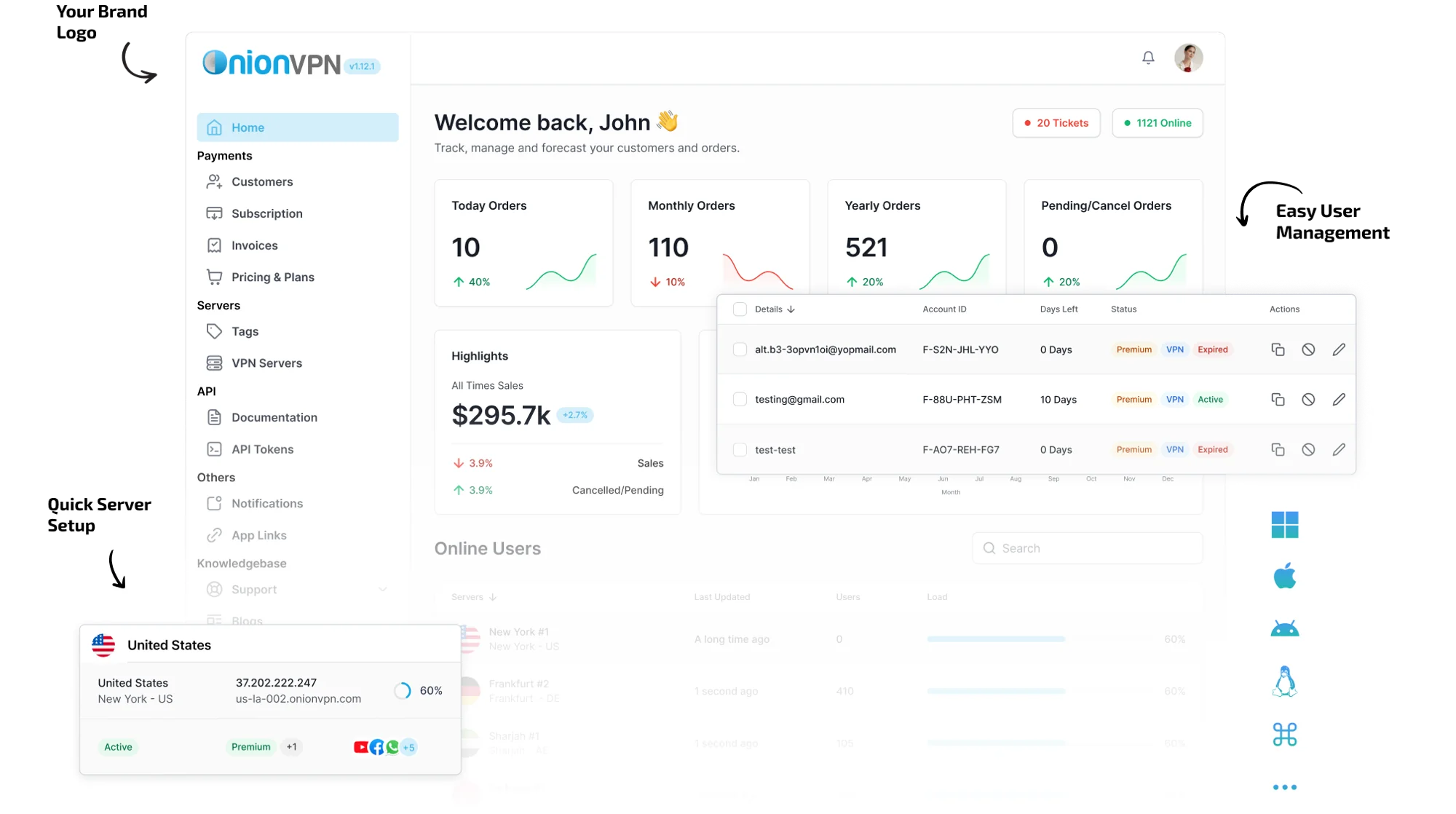 White-label VPN admin dashboard with quick server setup and multi-platform apps